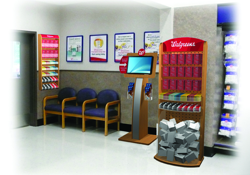 Photograph taken of pharmacy section of store. Display designs created using 3D Studio max, with Adobe Photoshop to make them look like they are in store